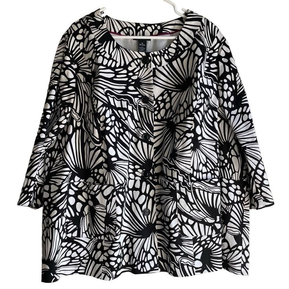 Maggie Barnes Womens Jacket 3X 3/4 Sleeve Collarless Abstract Butterfly Stretch